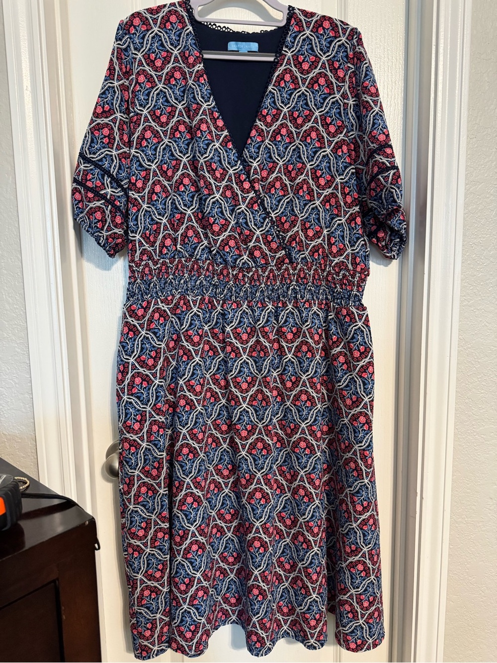Women’s Navy & Pink Patterned V-Neck Smocked Waist Dress